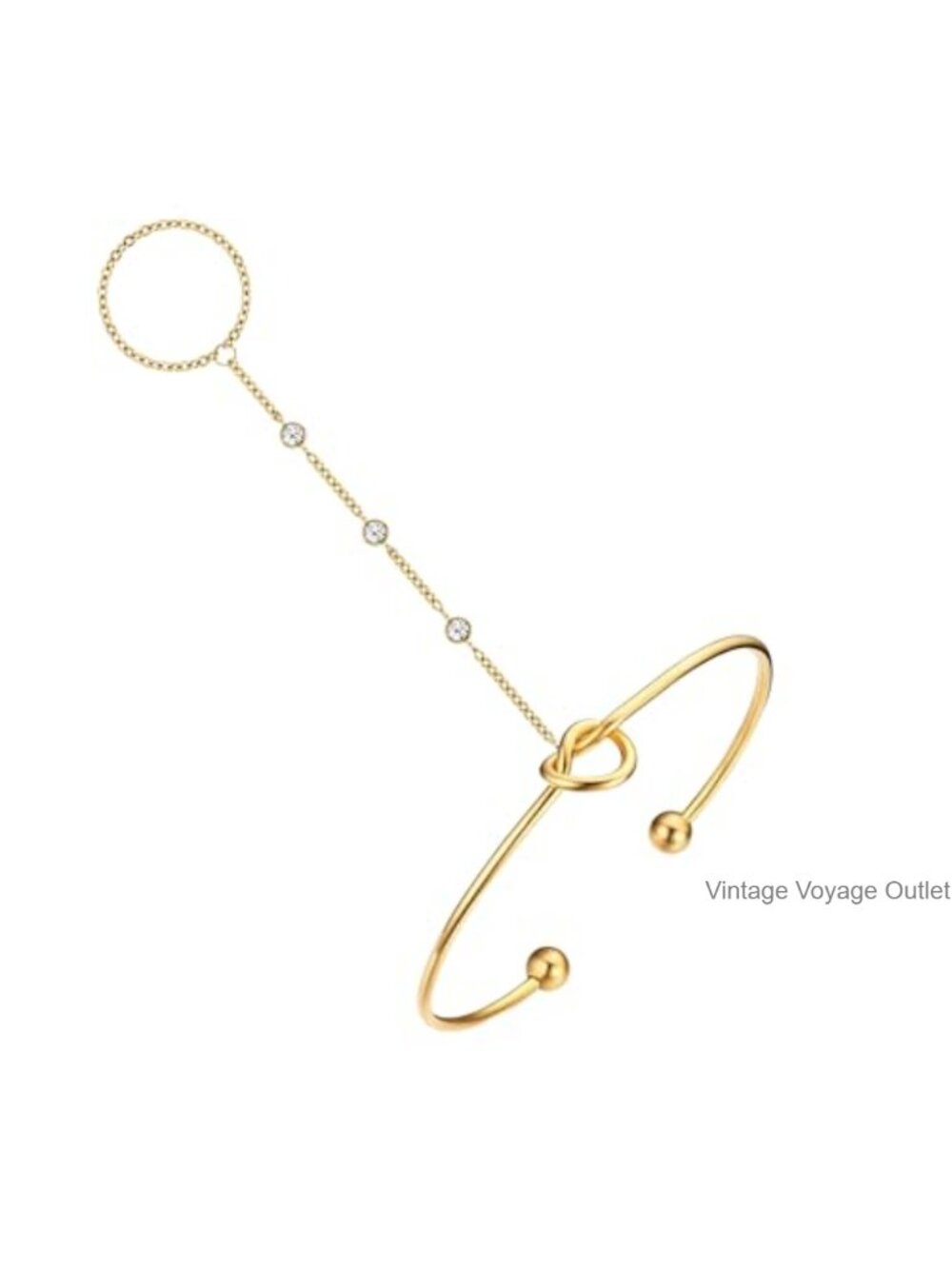 14K Gold Plated Love Knot Cuff Bangle with Ring Link Hand Chain Bracelet